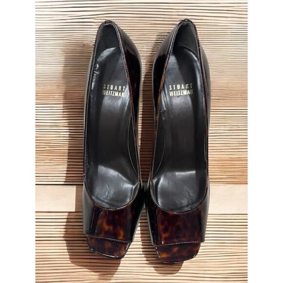 Stuart Weitzman Klinda Patent Leather Tortoise Open Toe Pump Size 8M - Picture 6 of 6